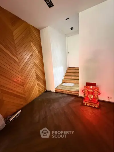 Stylish interior with wooden accents and unique decorative elements