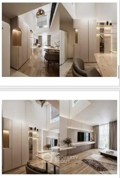 Luxurious modern living room with high ceilings and elegant decor, featuring open layout and stylish furniture.