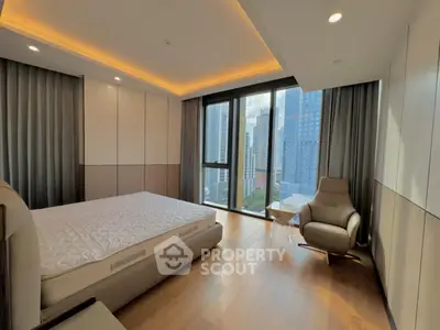 Luxurious modern bedroom with city view and elegant furnishings