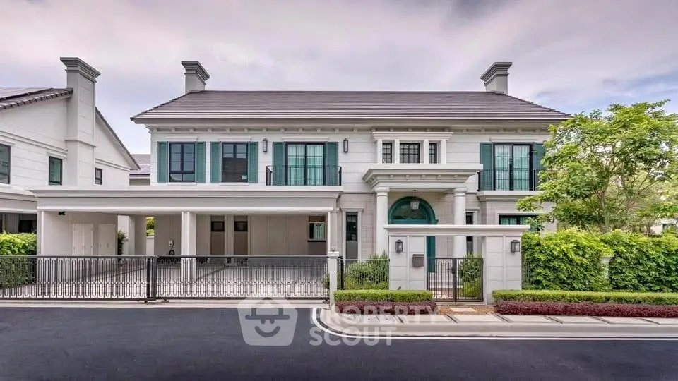 Luxurious modern house exterior with elegant design and spacious driveway in a serene neighborhood.