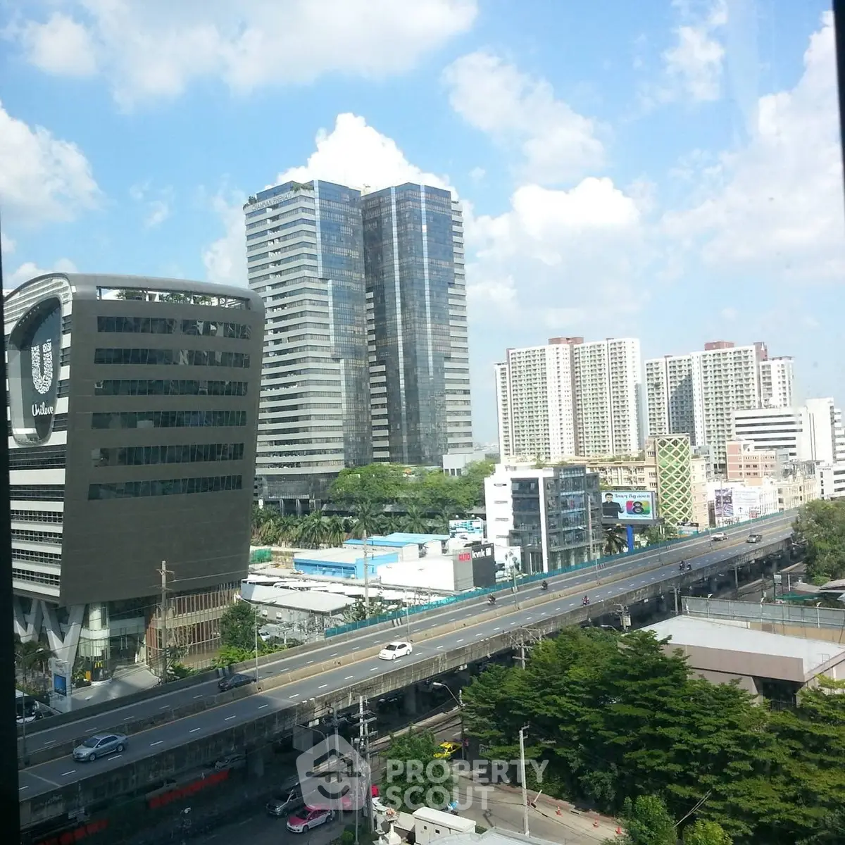 Stunning cityscape view with modern high-rise buildings and clear blue sky.