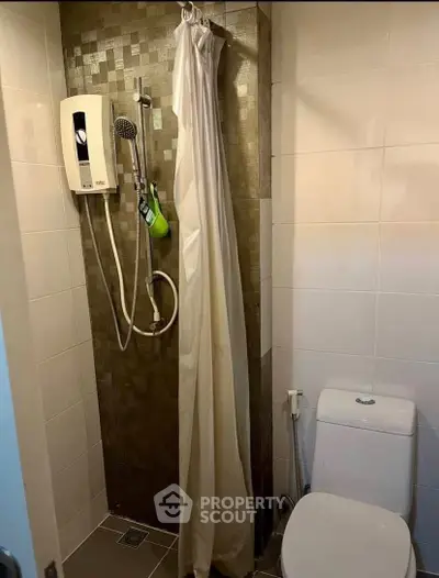 Compact bathroom with shower curtain and modern water heater