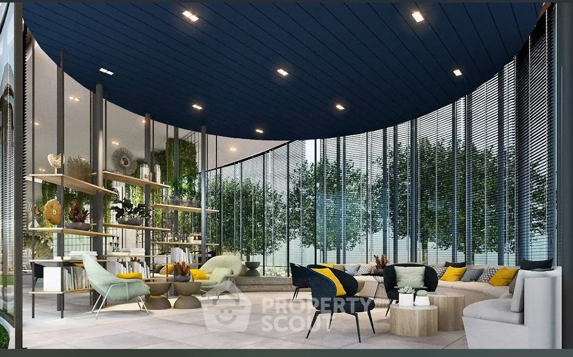 Luxurious modern living room with floor-to-ceiling windows and stylish decor.