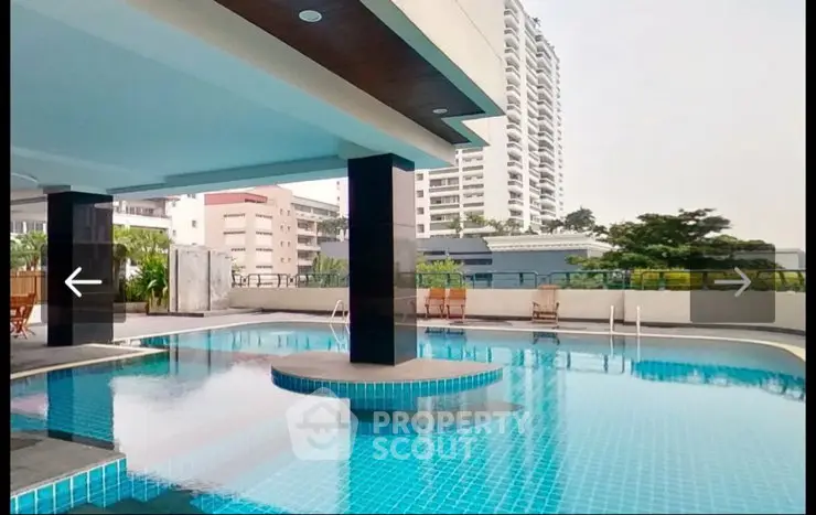 Luxurious rooftop pool with stunning city views in modern high-rise building.