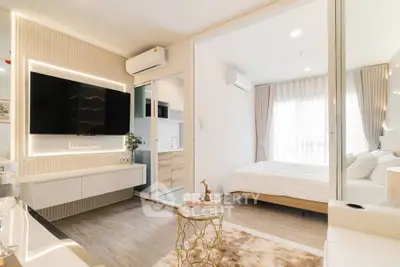 Modern living room with open layout and stylish bedroom