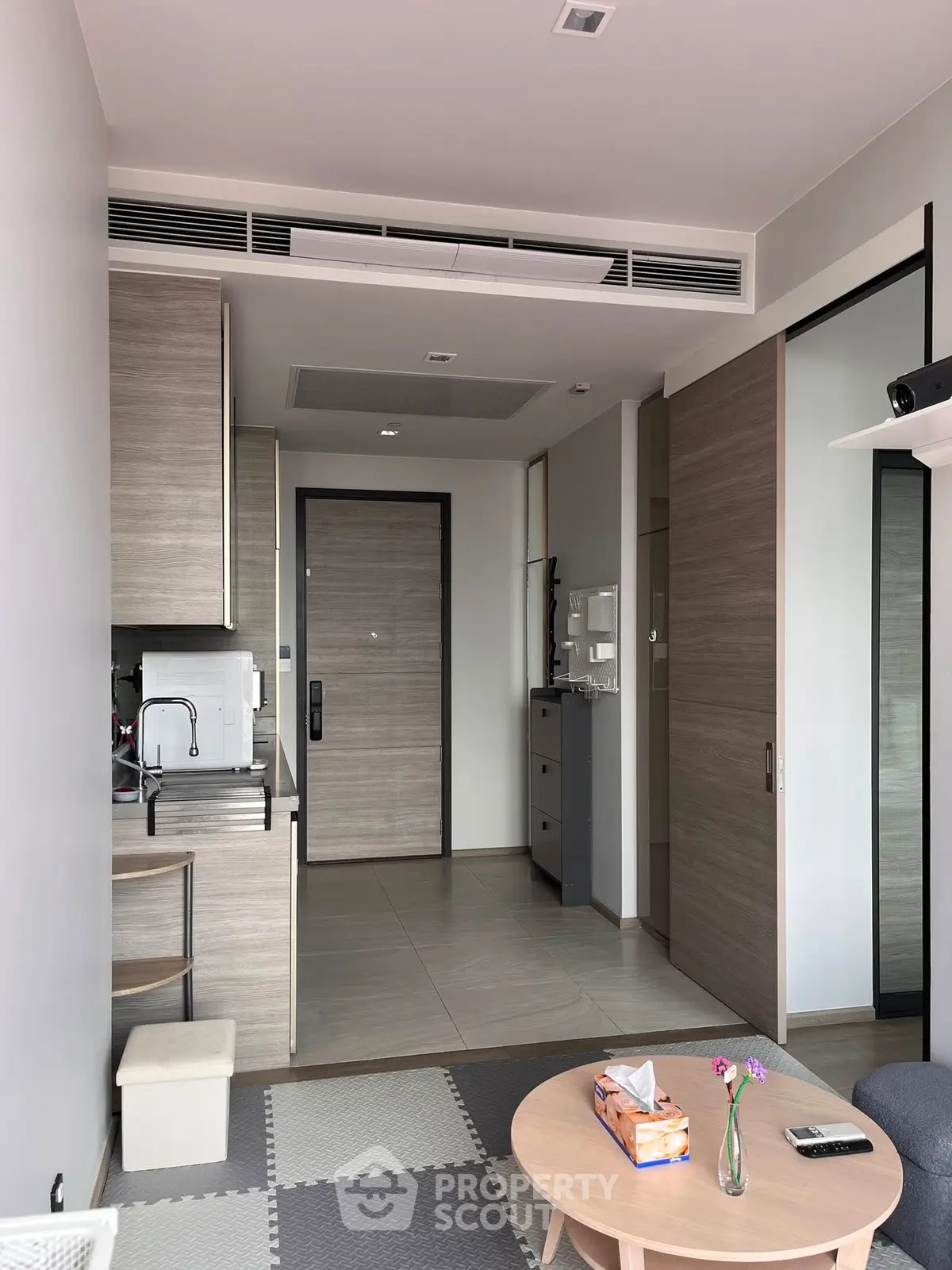 Modern apartment interior with compact kitchen and cozy living area, featuring sleek cabinetry and stylish decor.