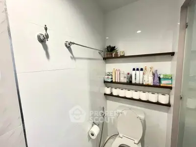 Modern bathroom with sleek shelves and organized toiletries