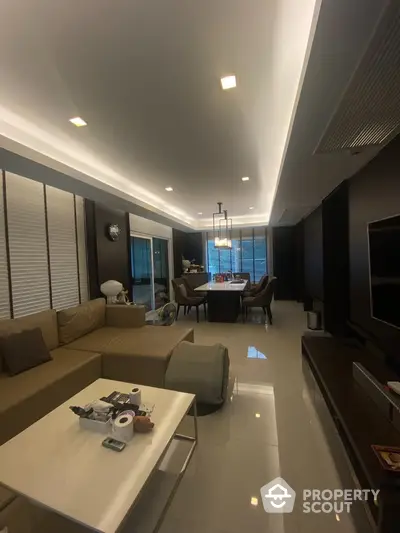 Luxurious modern living room with elegant dining area and ambient lighting