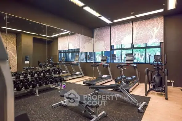 Modern gym with treadmills, weights, and exercise equipment in a luxury residential building.