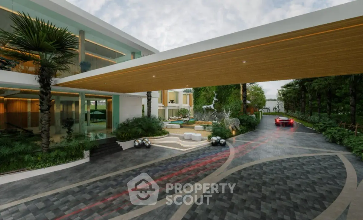 Luxurious modern mansion entrance with sleek driveway and lush landscaping.