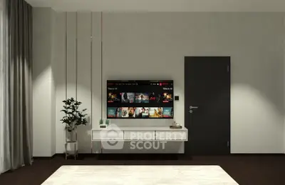 Modern living room with wall-mounted TV and sleek decor