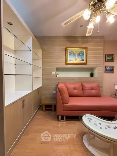 Cozy living room with modern sofa and stylish shelving unit