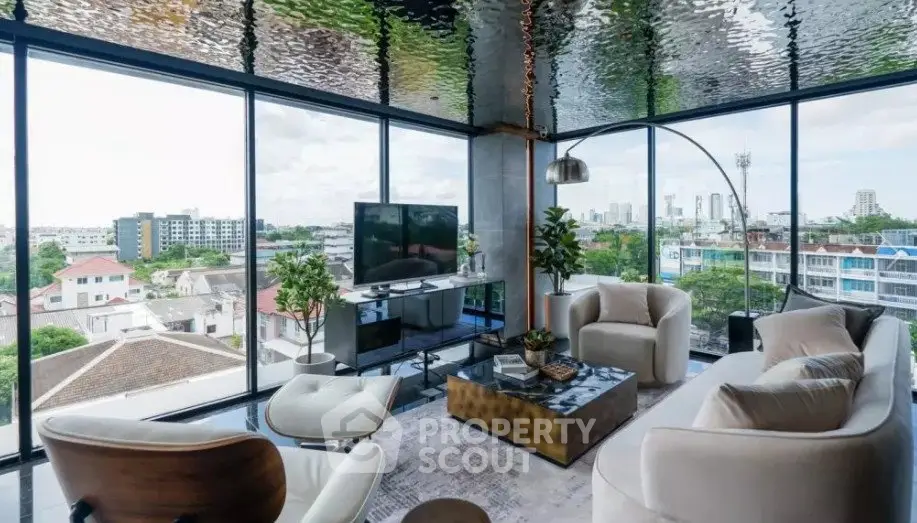 Luxurious corner unit living room with panoramic city views and modern decor.