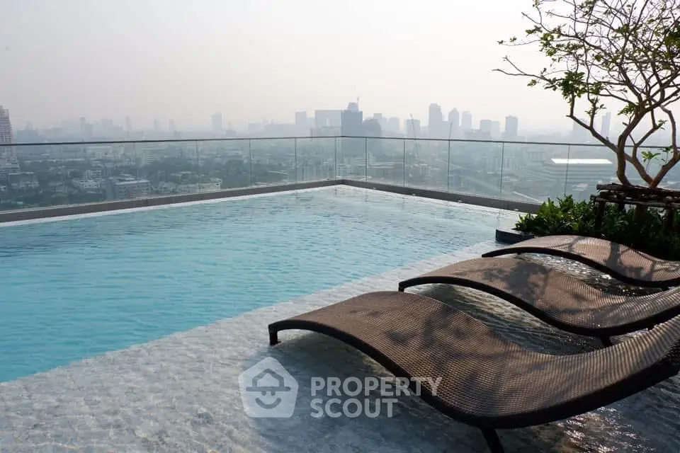 Luxurious rooftop pool with stunning city skyline view, perfect for relaxation and leisure.
