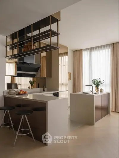 Modern kitchen with sleek design, island, and open shelving in a bright, elegant space.