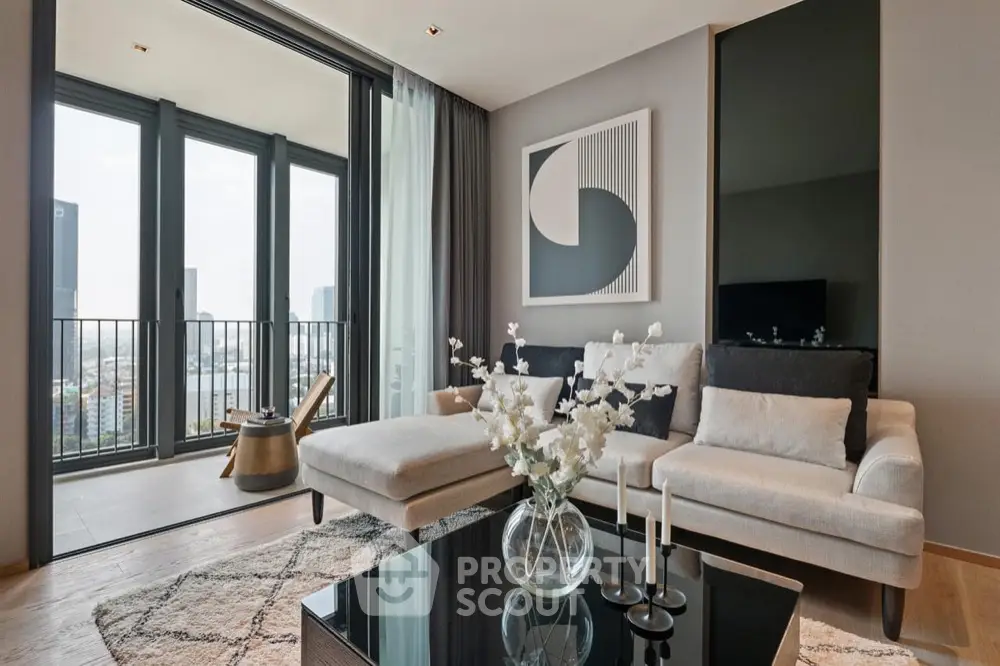 Luxurious modern living room with elegant decor and stunning city view balcony.