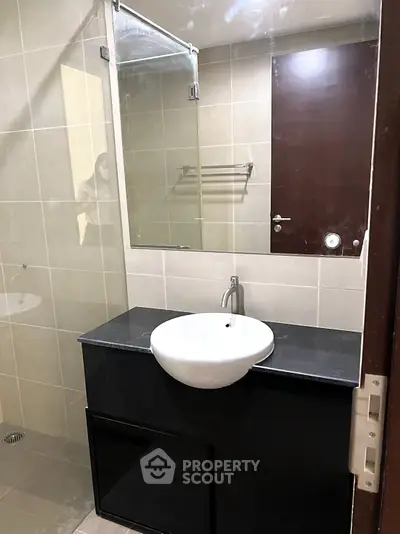 Modern bathroom with sleek sink and glass shower enclosure in contemporary apartment.