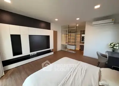 Spacious modern bedroom with sleek built-in storage and elegant decor