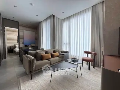 Luxurious modern living room with elegant decor and floor-to-ceiling windows