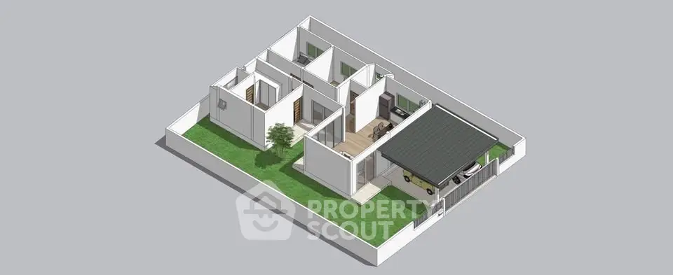 Modern architectural floor plan with garden and parking space