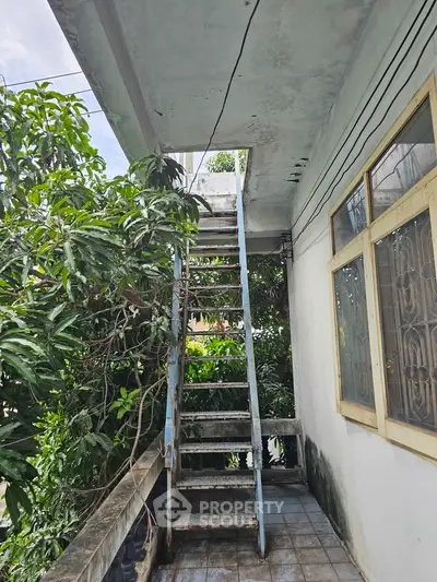 Outdoor staircase leading to rooftop with lush greenery and tiled flooring.
