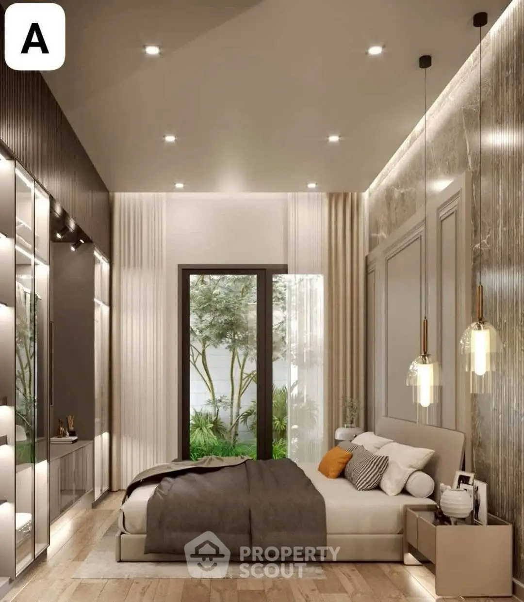 Luxurious modern bedroom with elegant lighting and garden view