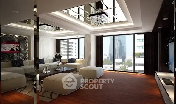 Luxurious modern living room with city view and elegant decor