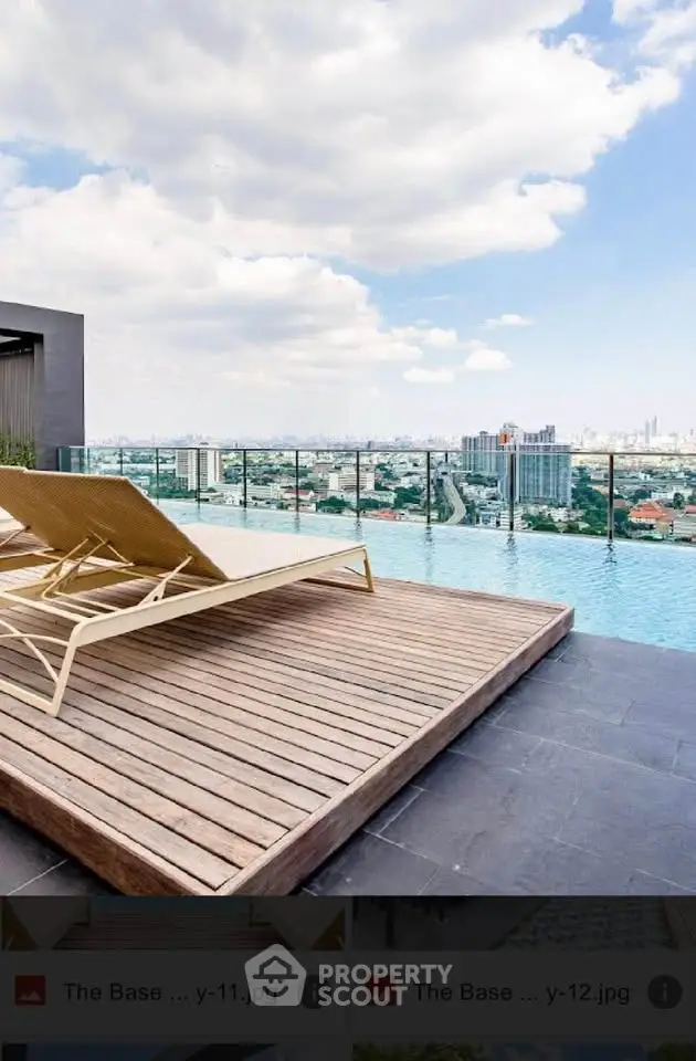 Luxurious rooftop infinity pool with stunning city skyline view and modern sun loungers.