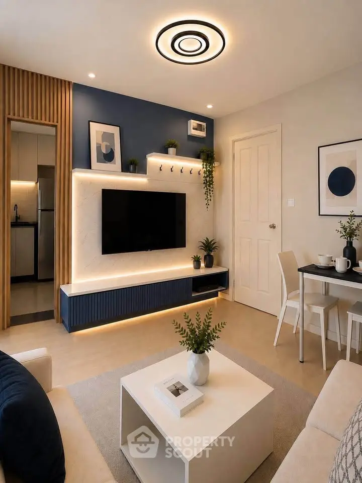 Modern living room with stylish decor, LED lighting, and open layout near kitchen area.