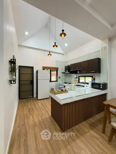 Modern kitchen with high ceiling, sleek cabinetry, and wooden flooring in a stylish home.