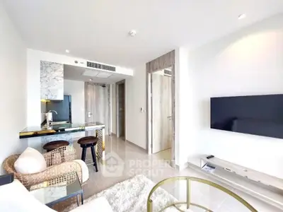 Modern living room with open kitchen and stylish decor