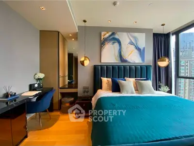 Luxurious bedroom with modern decor and city view, featuring elegant lighting and stylish furnishings.