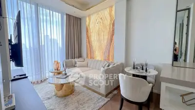 Luxurious modern living room with elegant decor and city view