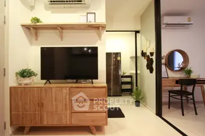 Modern living room with wooden furniture and sleek decor