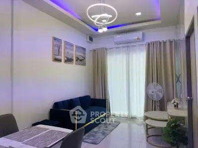 Modern living room with elegant decor and ambient lighting