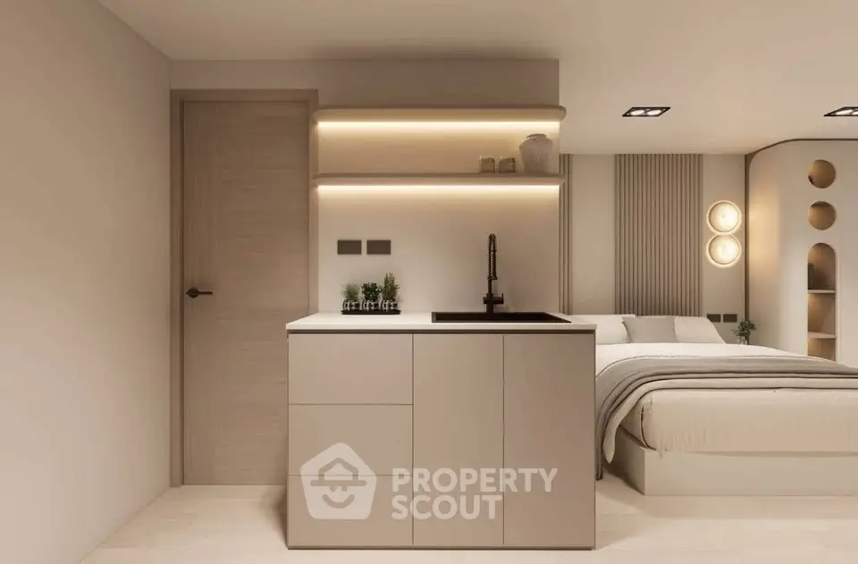 Modern studio apartment with integrated kitchen and bedroom, featuring sleek design and ambient lighting.