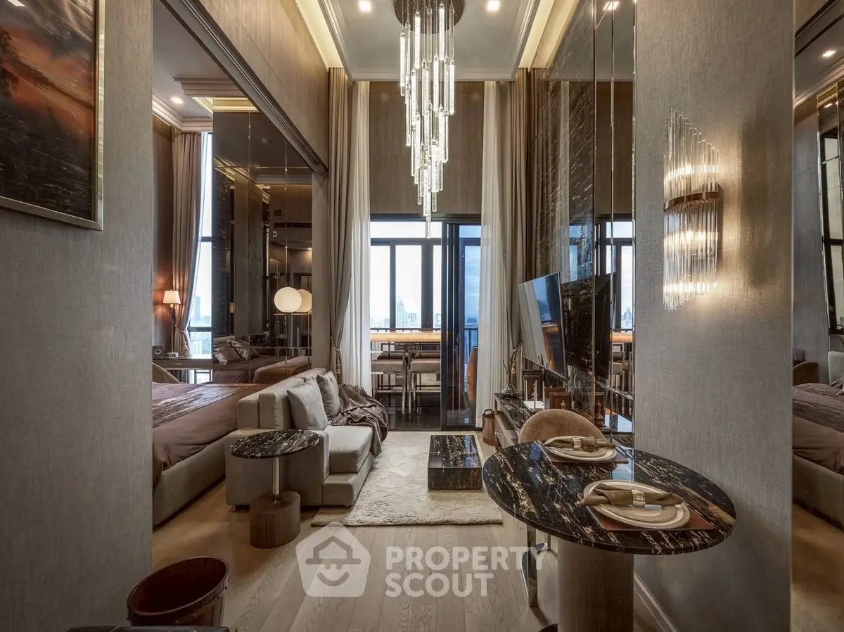 Luxurious modern living room with elegant decor and stunning city view