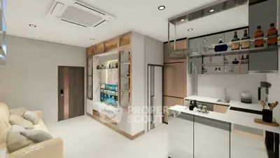 Modern open-concept living room with sleek kitchen and stylish shelving unit.