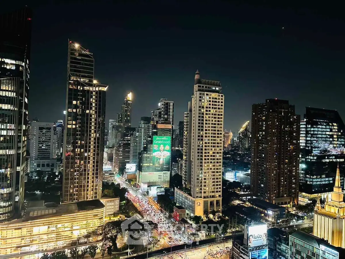 Stunning city skyline view with illuminated skyscrapers at night