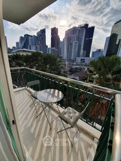 Chic urban balcony with city skyline view, perfect for relaxing and enjoying the vibrant cityscape.