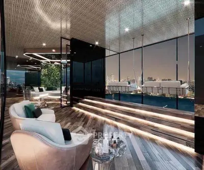 Luxurious modern living room with stunning city view and elegant decor