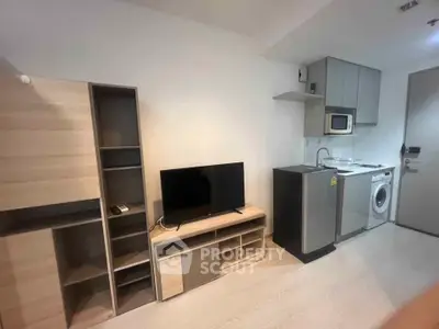 Modern compact living room with kitchenette, TV, and washing machine in a stylish apartment.