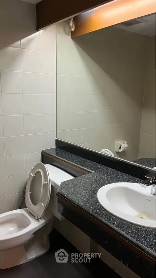 Modern bathroom with sleek countertop and large mirror