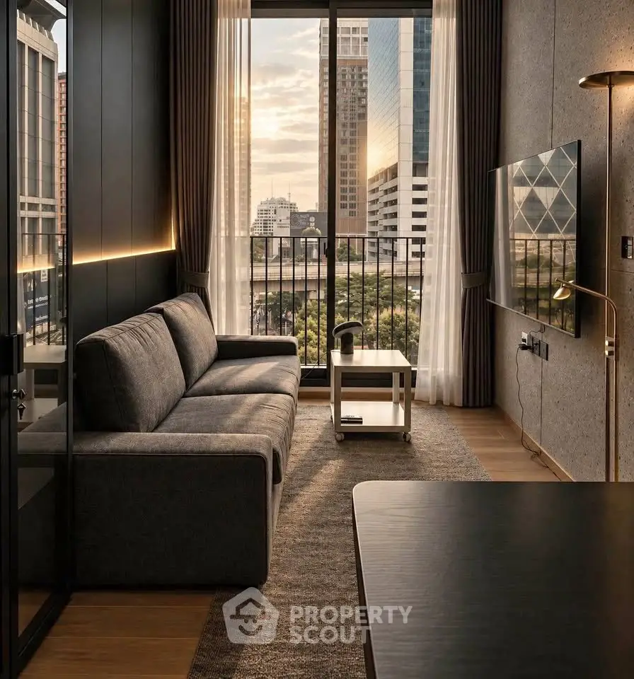Modern living room with city view, stylish sofa, and large TV in a high-rise apartment.