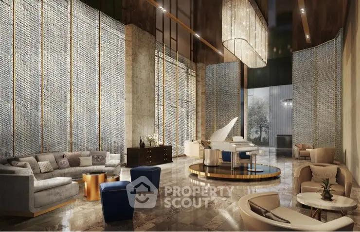 Luxurious modern lobby with grand piano and elegant seating area