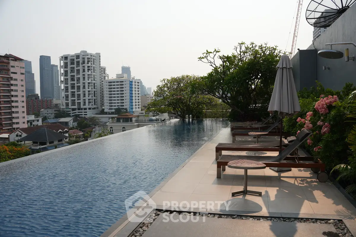Luxurious rooftop infinity pool with stunning city skyline views and relaxing sun loungers.
