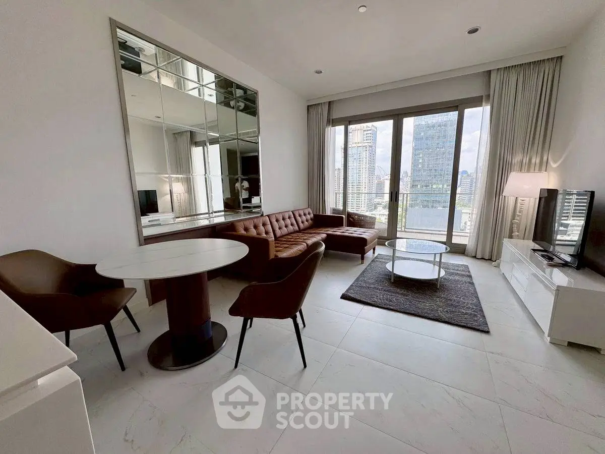 Modern living room with city view, stylish furniture, and large windows.