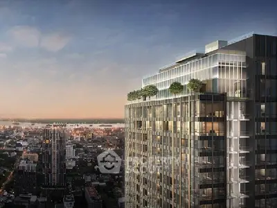Stunning high-rise building with panoramic city views at sunset, featuring modern architecture and rooftop greenery.