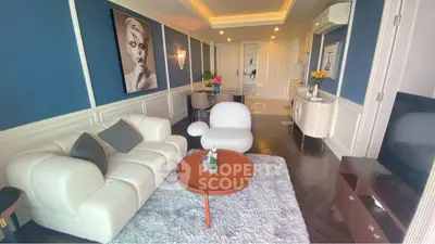 Luxurious modern living room with elegant decor and ambient lighting