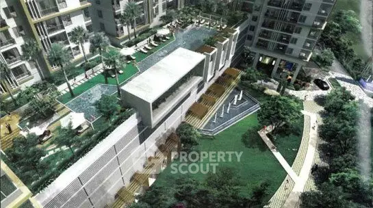 Luxurious residential complex with pool and lush garden view